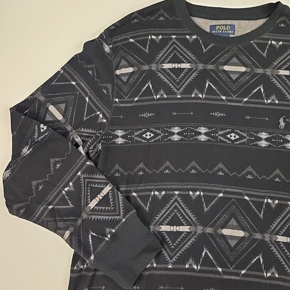 Polo Ralph Lauren Long Sleeve Thermal T-shirt Aztec Print Mens XL Black Gray - Picture 4 of 16